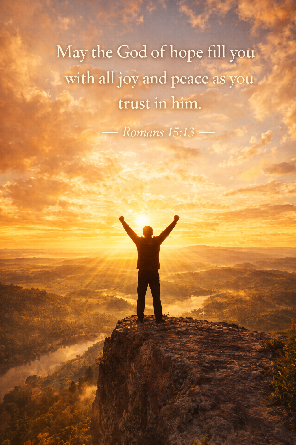 Person standing cliff edge arms raised joyfully golden light overflowing sky soft clouds lush landscape -- Romans 15:13 vertical hope wallpaper